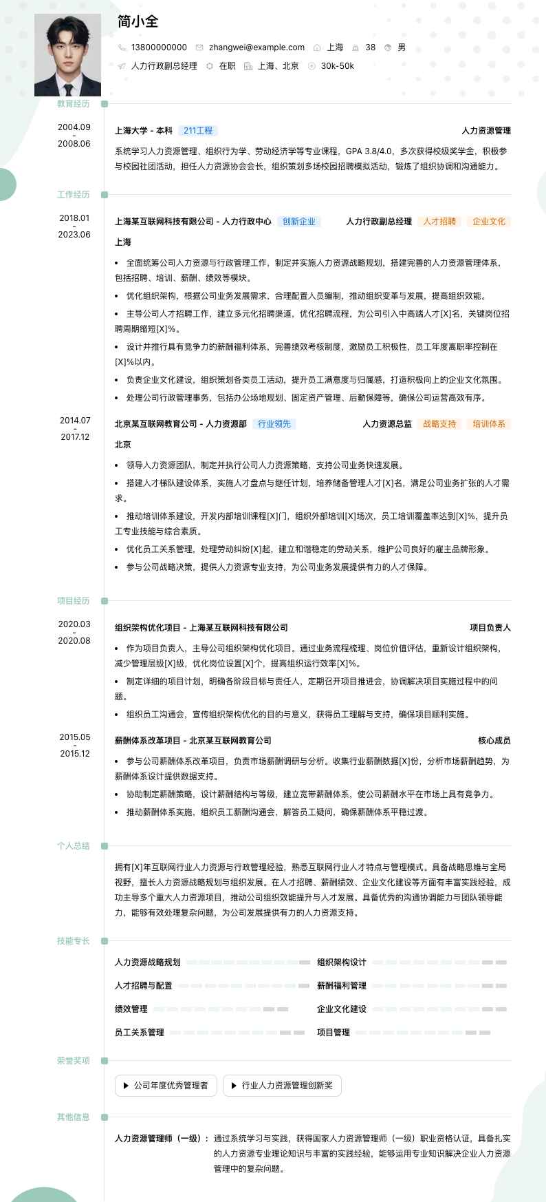 人力行政副总经理简历模板