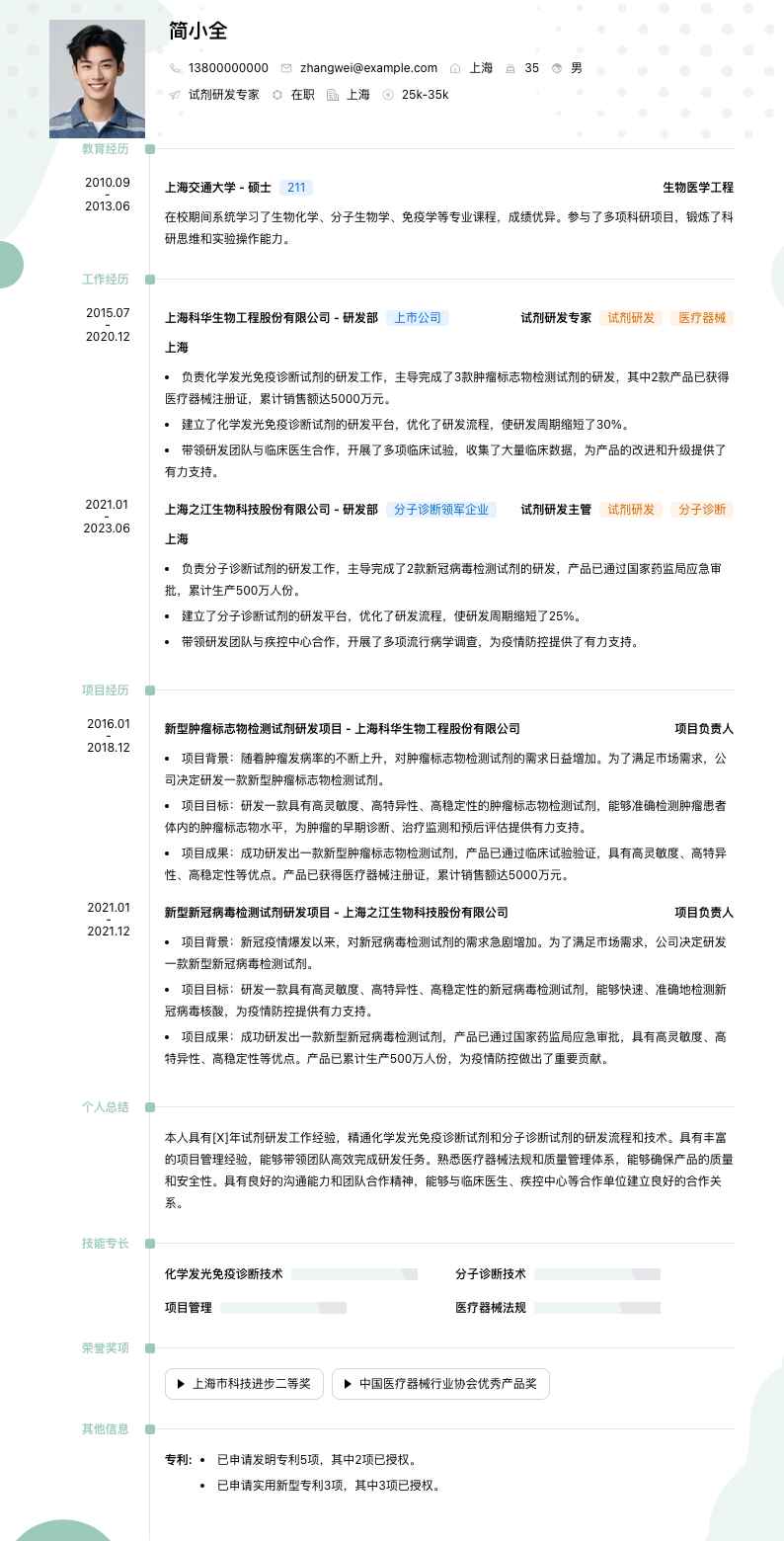 试剂研发专家简历模板