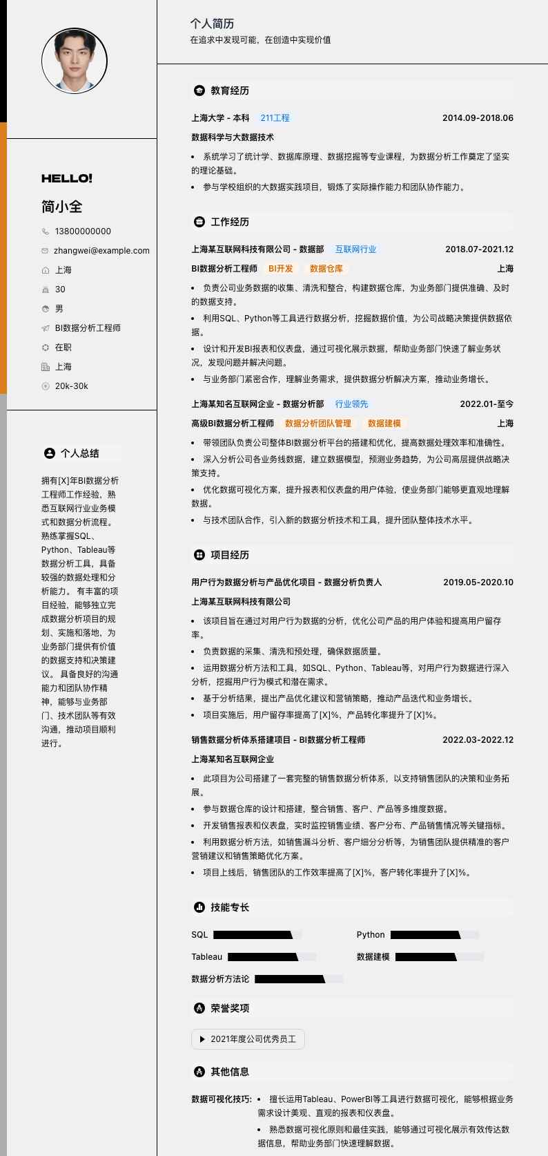 bi数据分析工程师简历模板