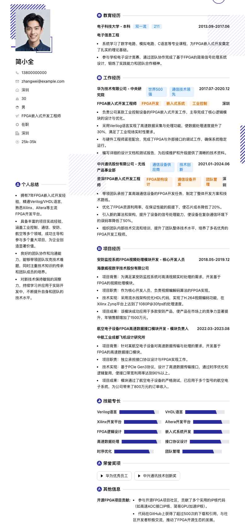 FPGA嵌入式开发工程师简历模板