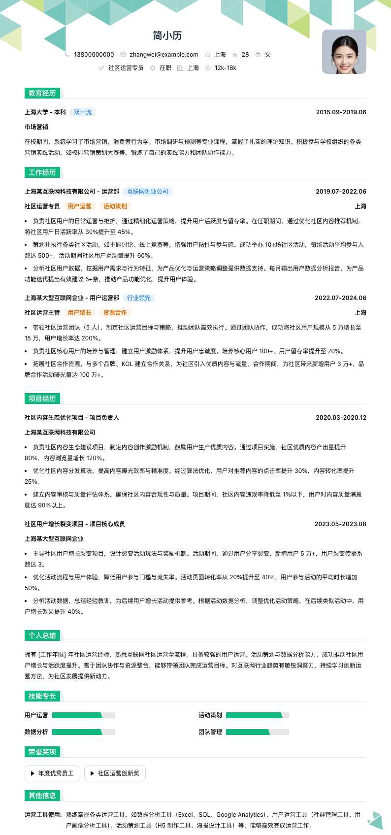 社区运营专员简历模板