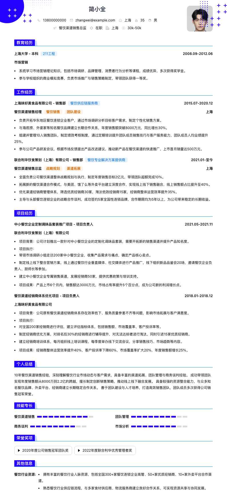 餐饮渠道销售总监简历模板