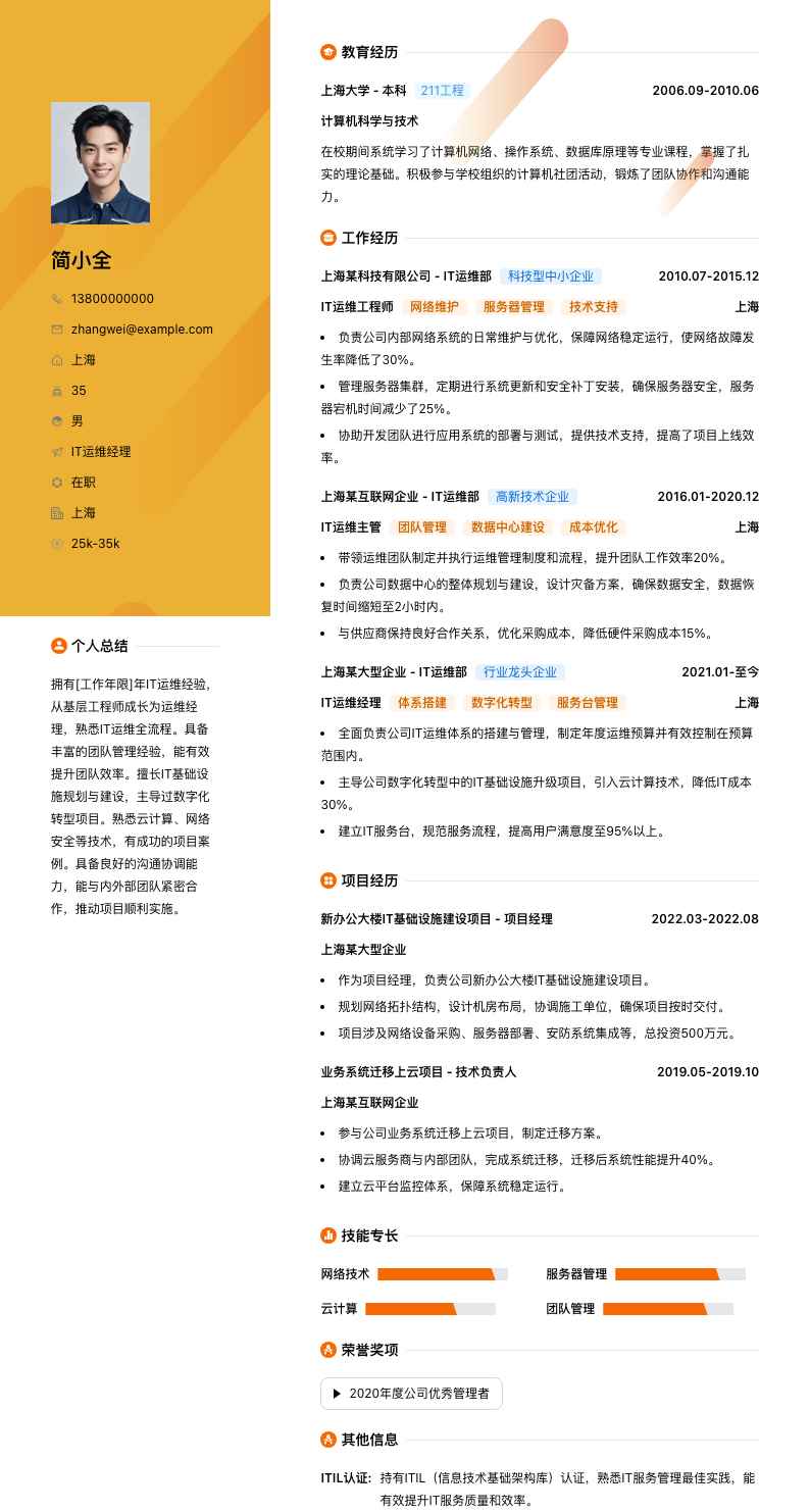 IT运维经理简历模板