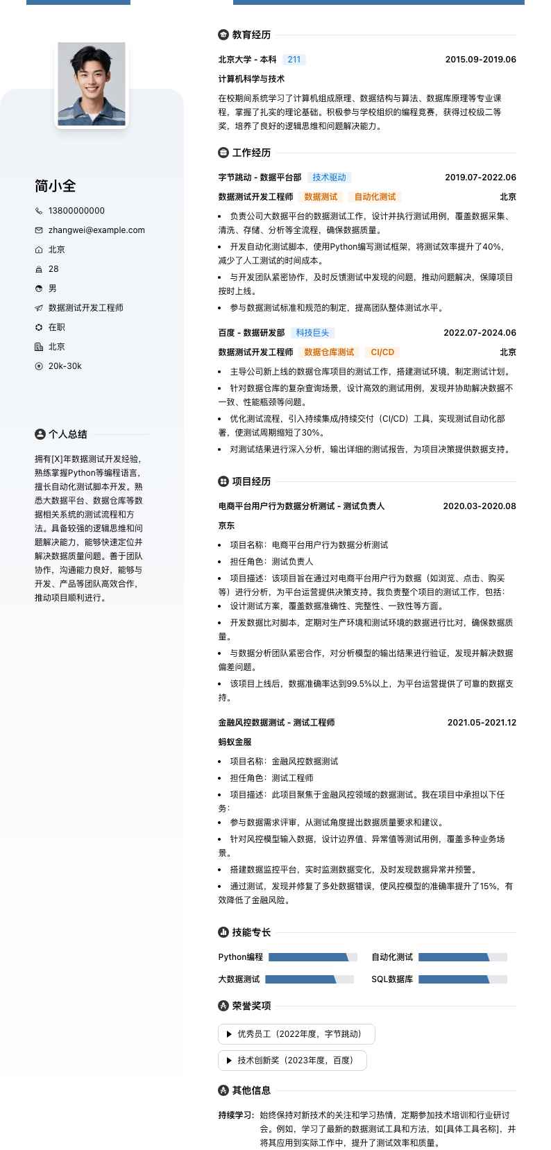 数据测试开发工程师简历模板