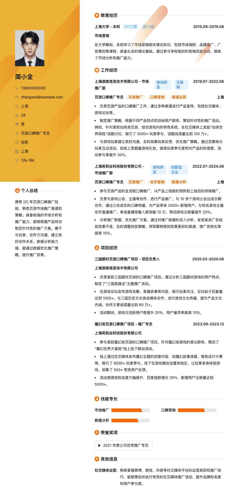 页游口碑推广专员简历模板