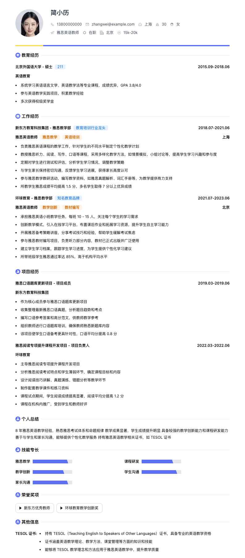 雅思英语教师简历模板