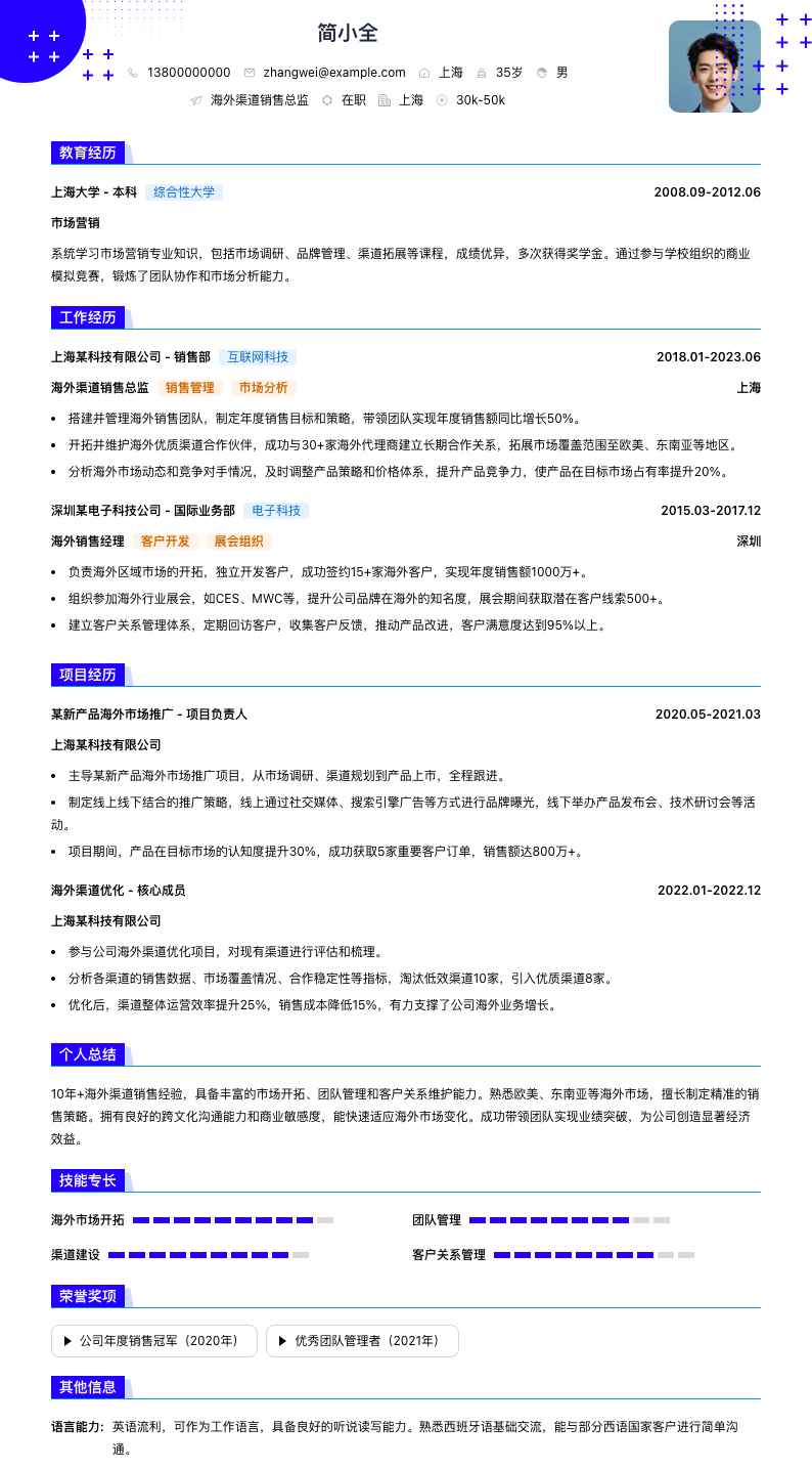 海外渠道销售总监简历模板