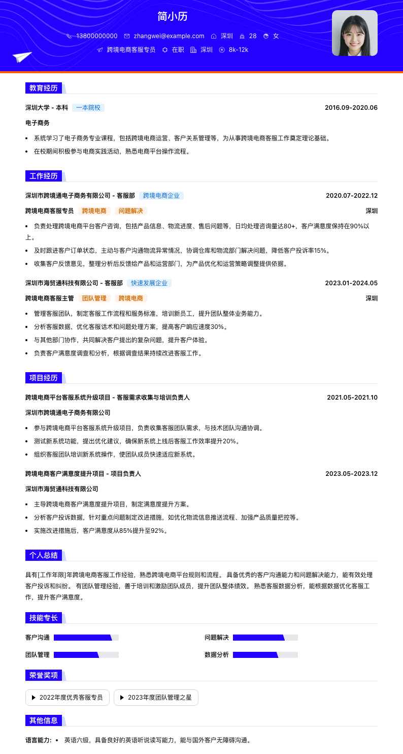 跨境电商客服专员简历模板
