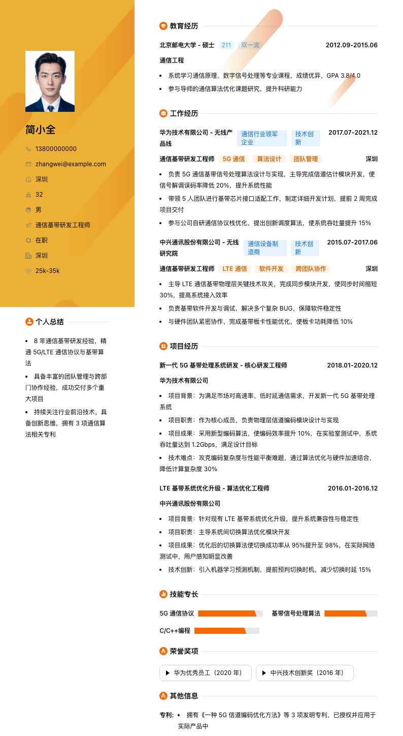 通信基带研发工程师简历模板