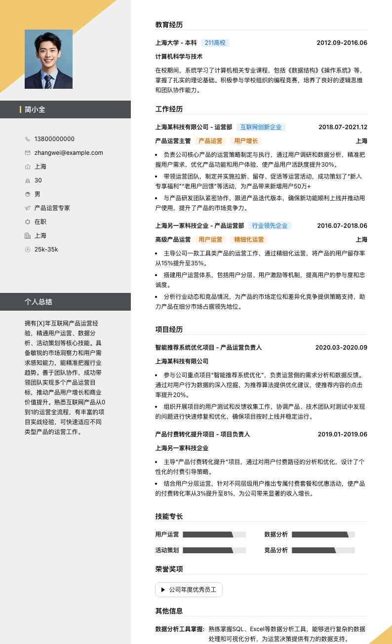 产品运营专家简历模板