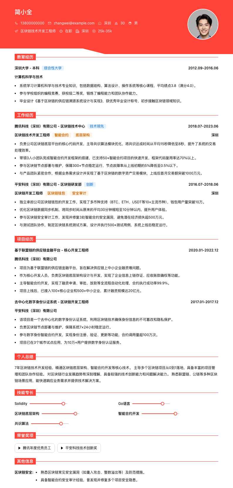 区块链技术开发工程师简历模板