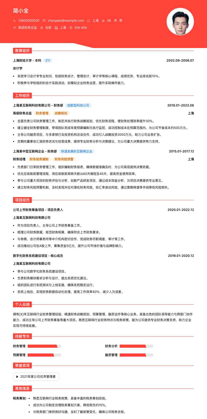 高级财务总监简历模板