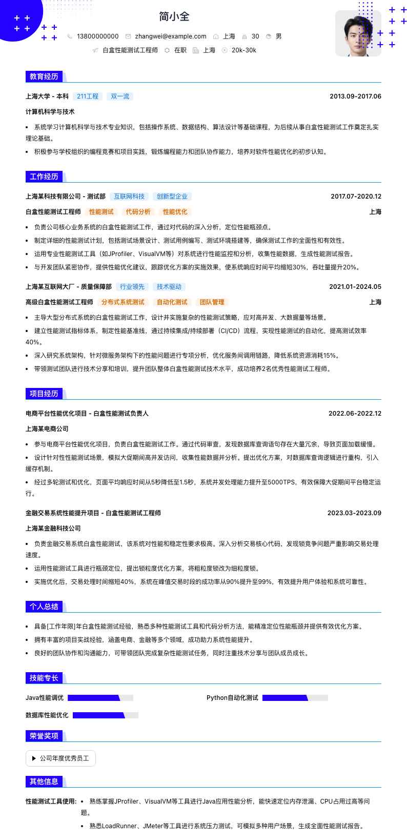 白盒性能测试工程师简历模板