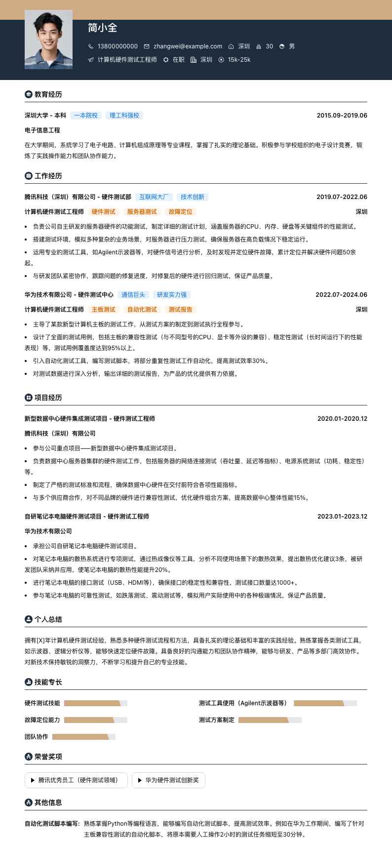 计算机硬件测试工程师简历模板