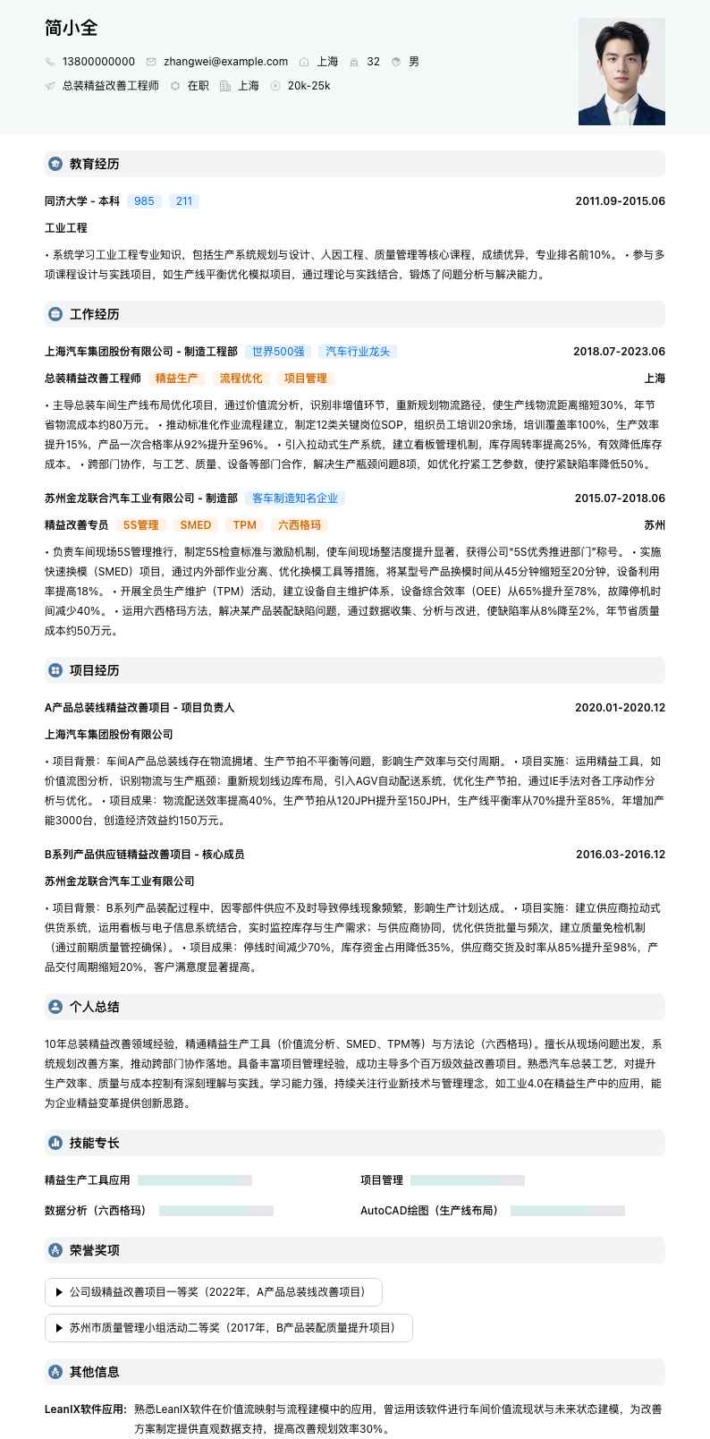 总装精益改善工程师简历模板