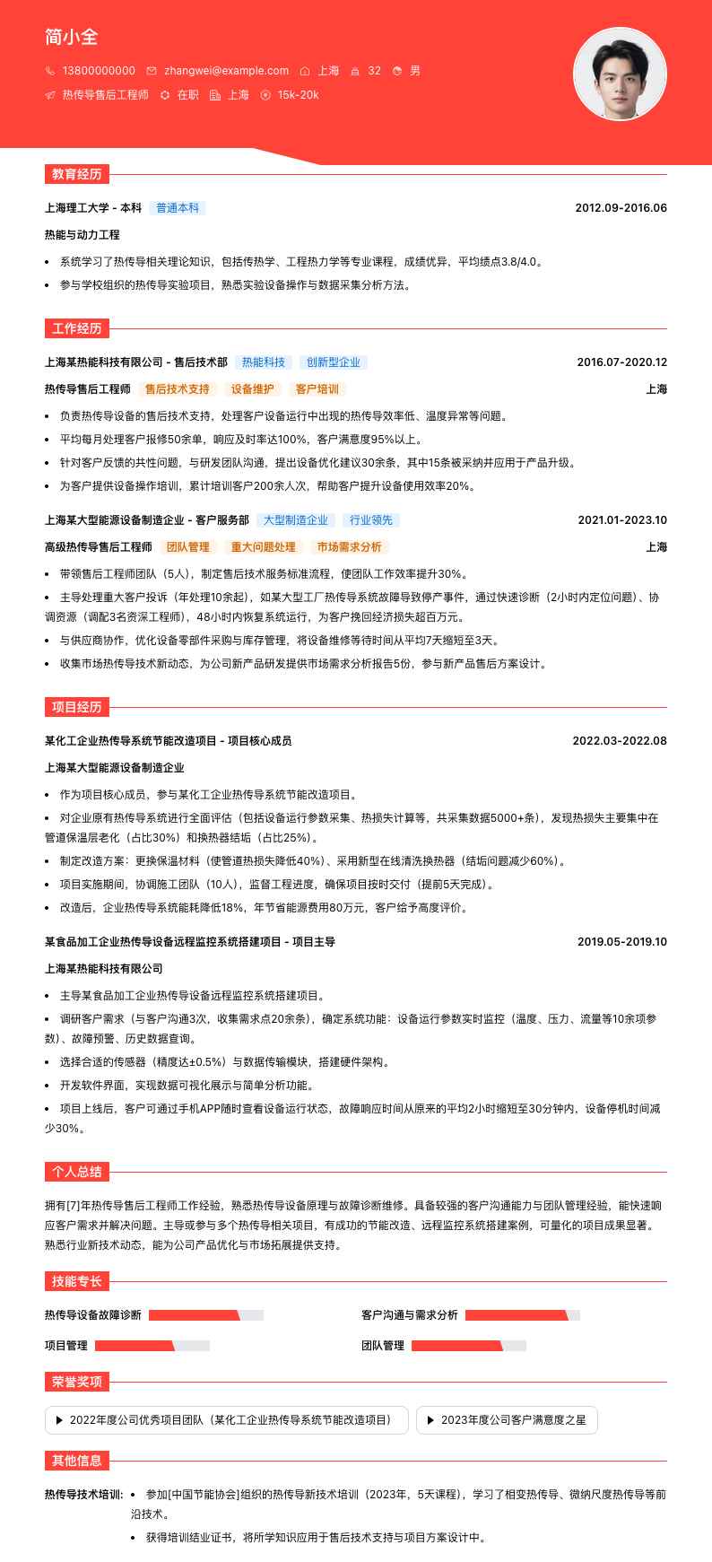 热传导售后工程师简历模板