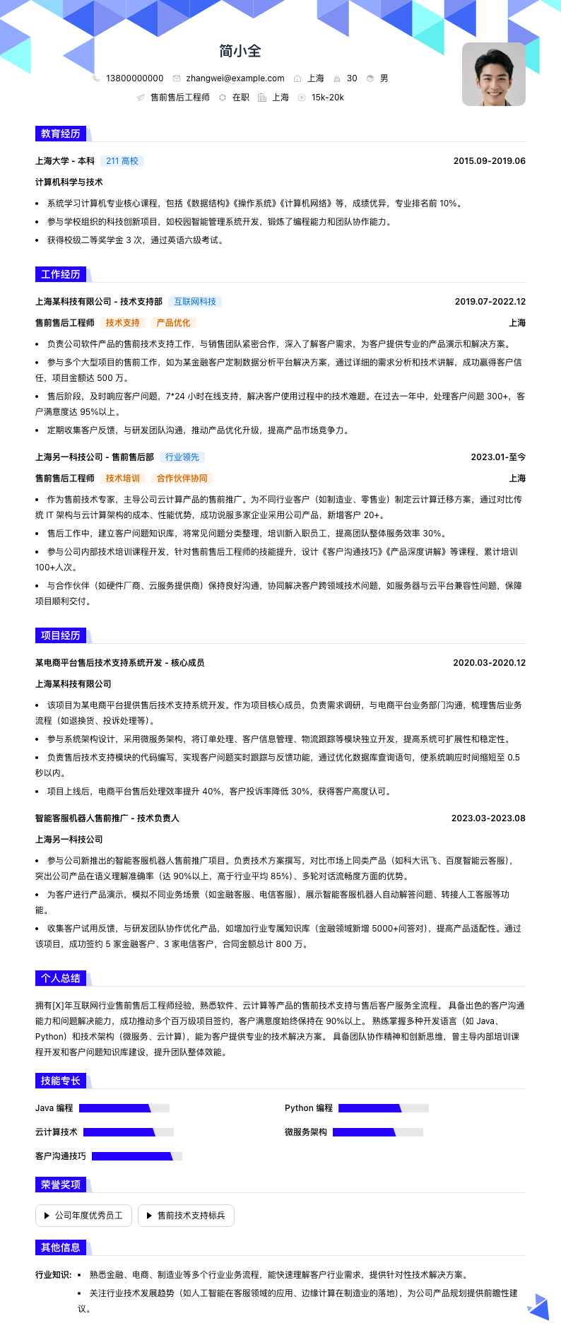 售前售后工程师简历模板