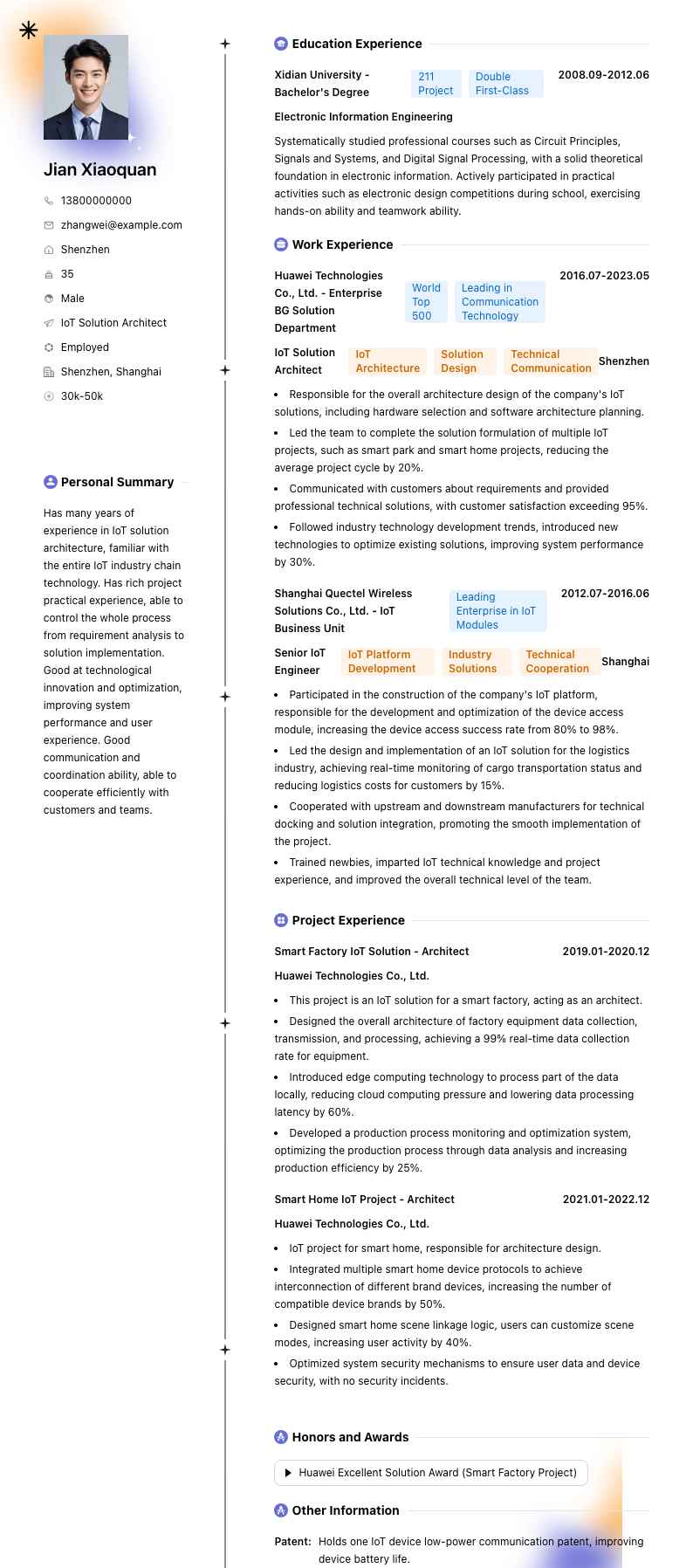物联网解决方案架构师简历模板