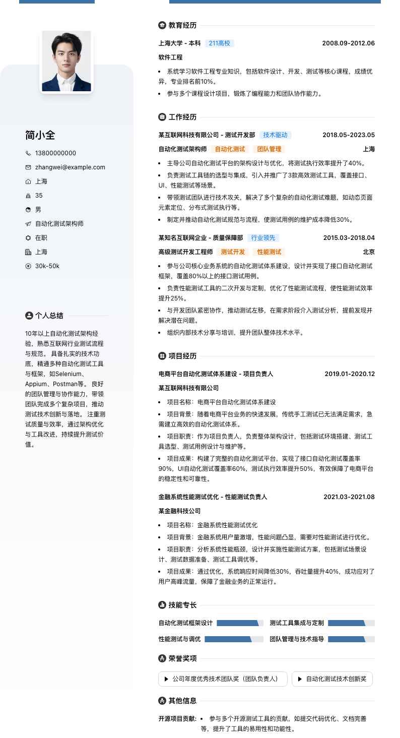 自动化测试架构师简历模板