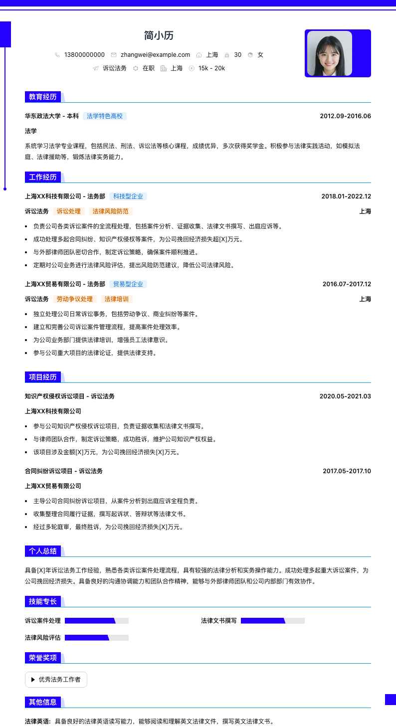 诉讼法务简历模板