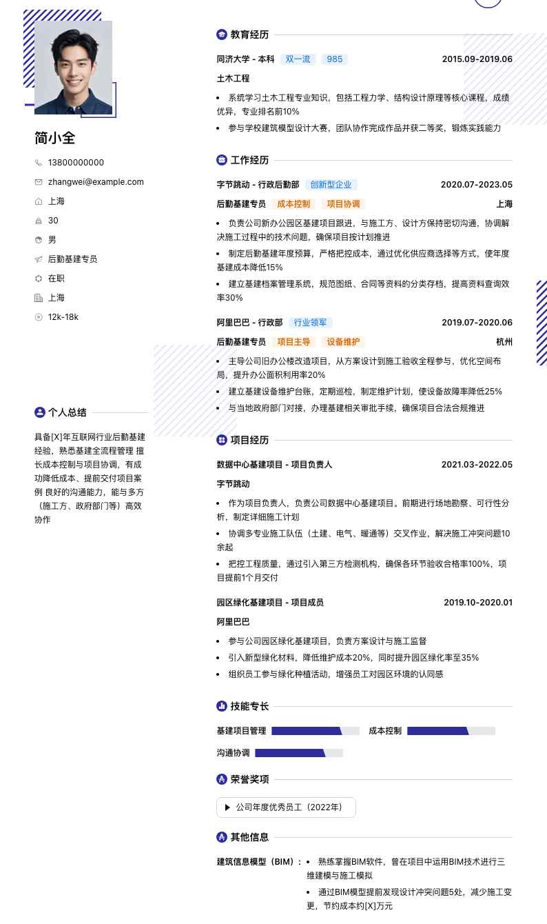 后勤基建专员简历模板