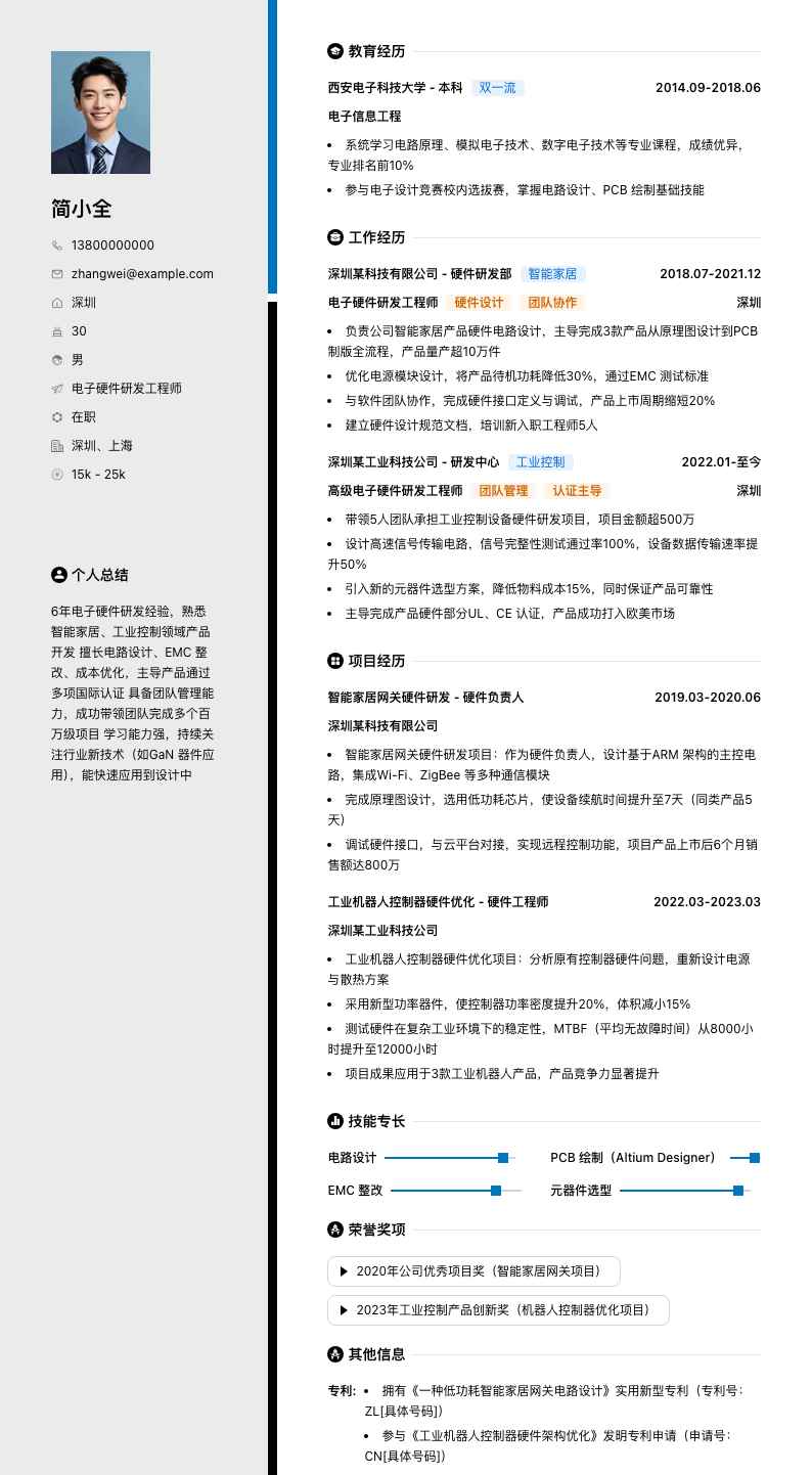 电子硬件研发工程师简历模板