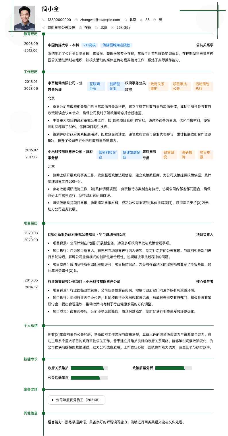 政府事务公关经理简历模板