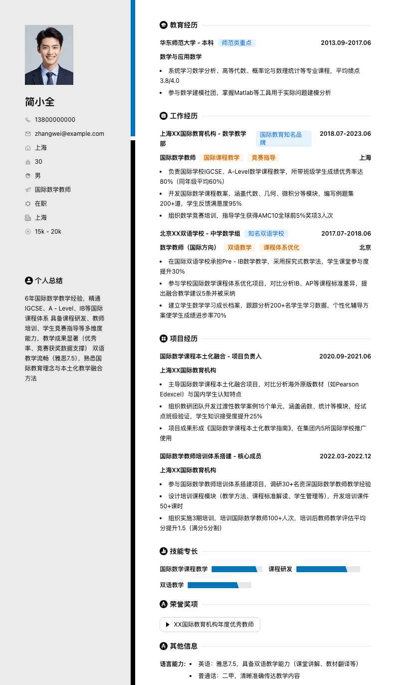 国际数学教师简历模板