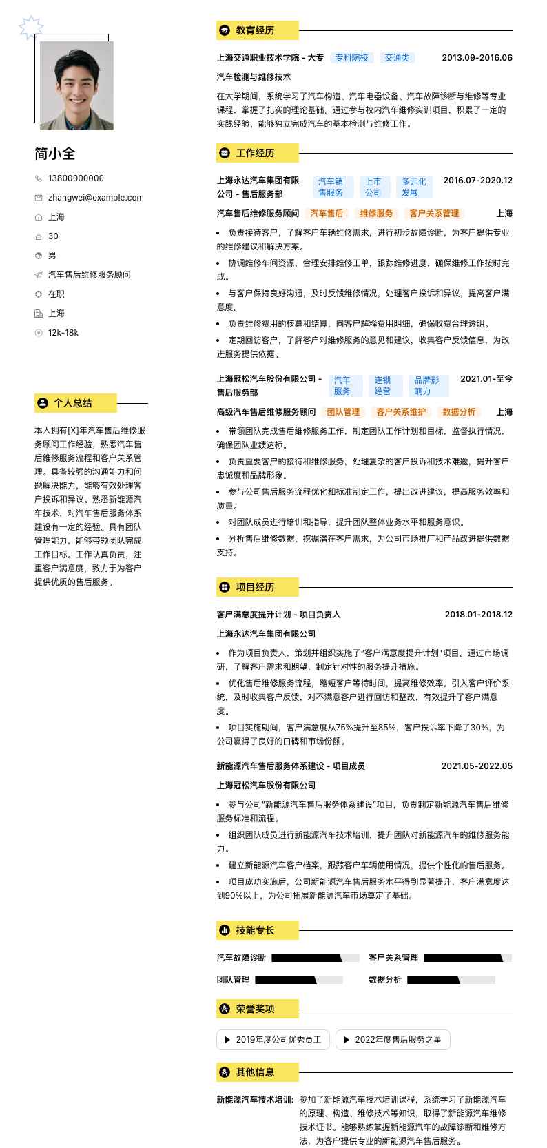 汽车售后维修服务顾问简历模板