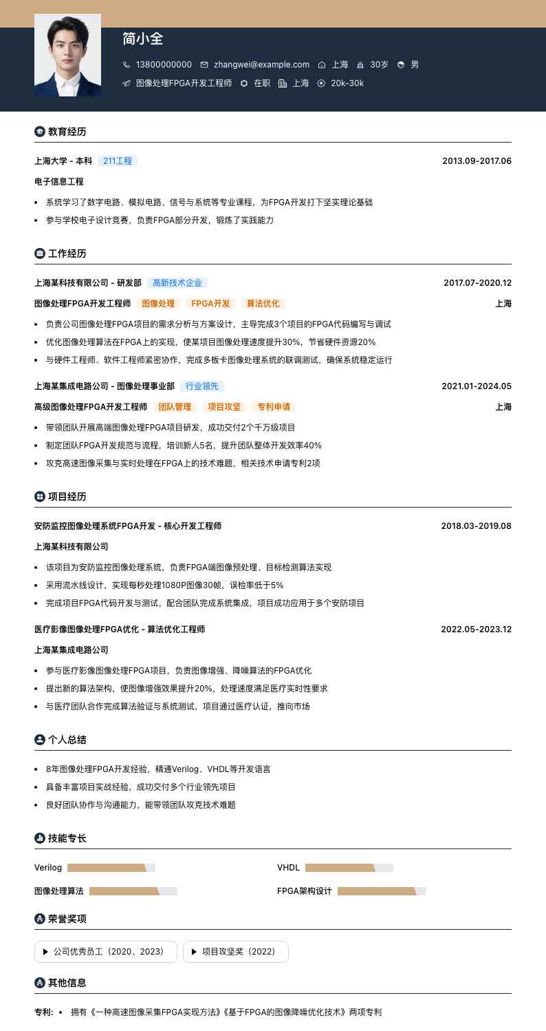 图像处理 FPGA 开发工程师简历模板