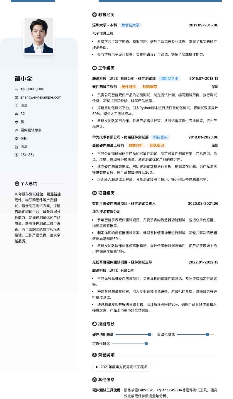 硬件测试专家简历模板