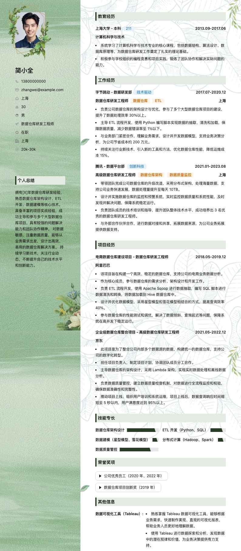 数据仓库研发工程师简历模板