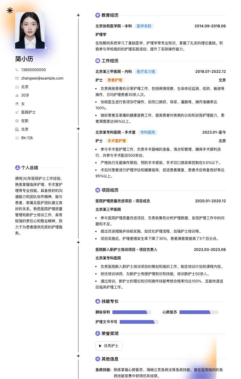 医院护士简历模板
