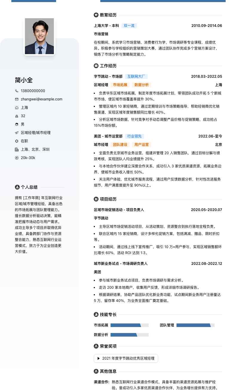 区域经理城市经理简历模板