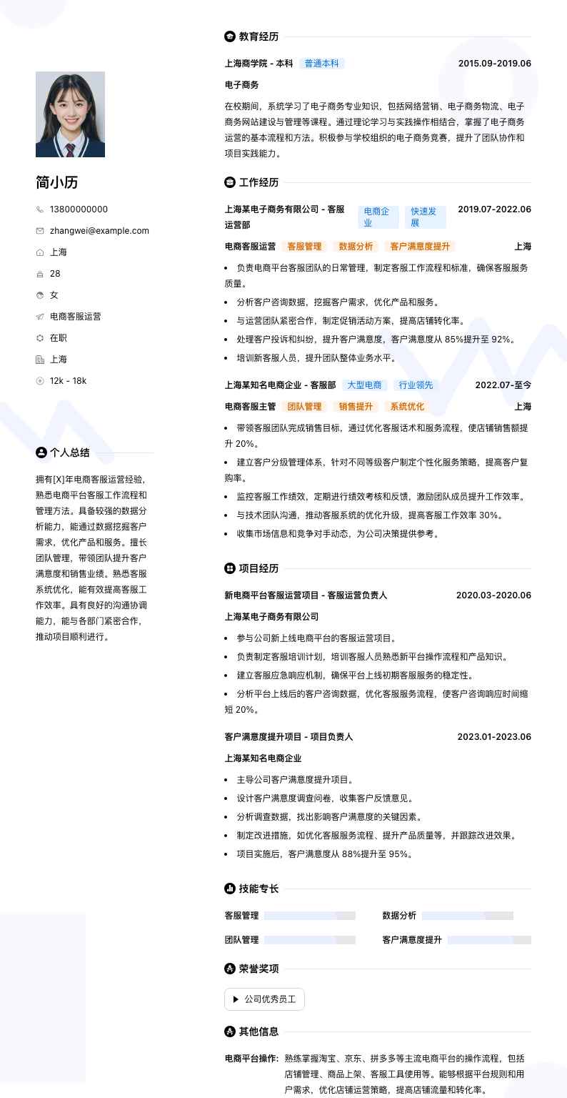 电商客服运营简历模板