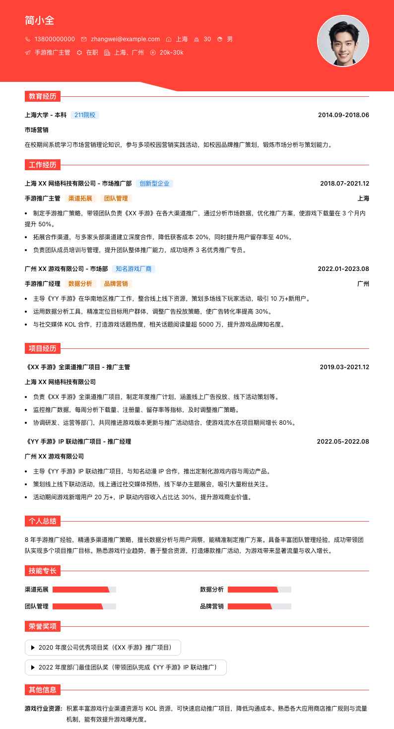 手游推广主管简历模板