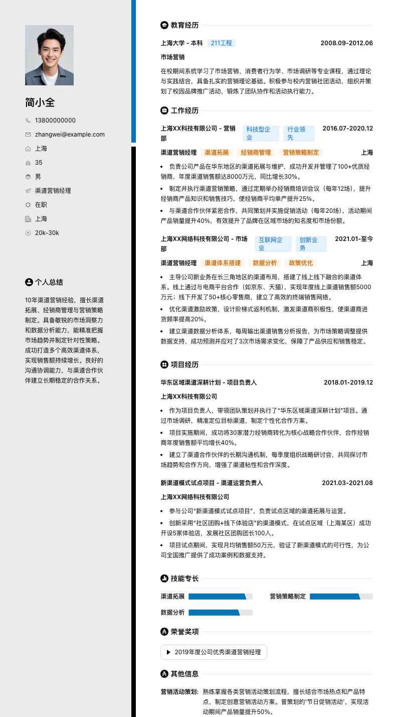 渠道营销经理简历模板