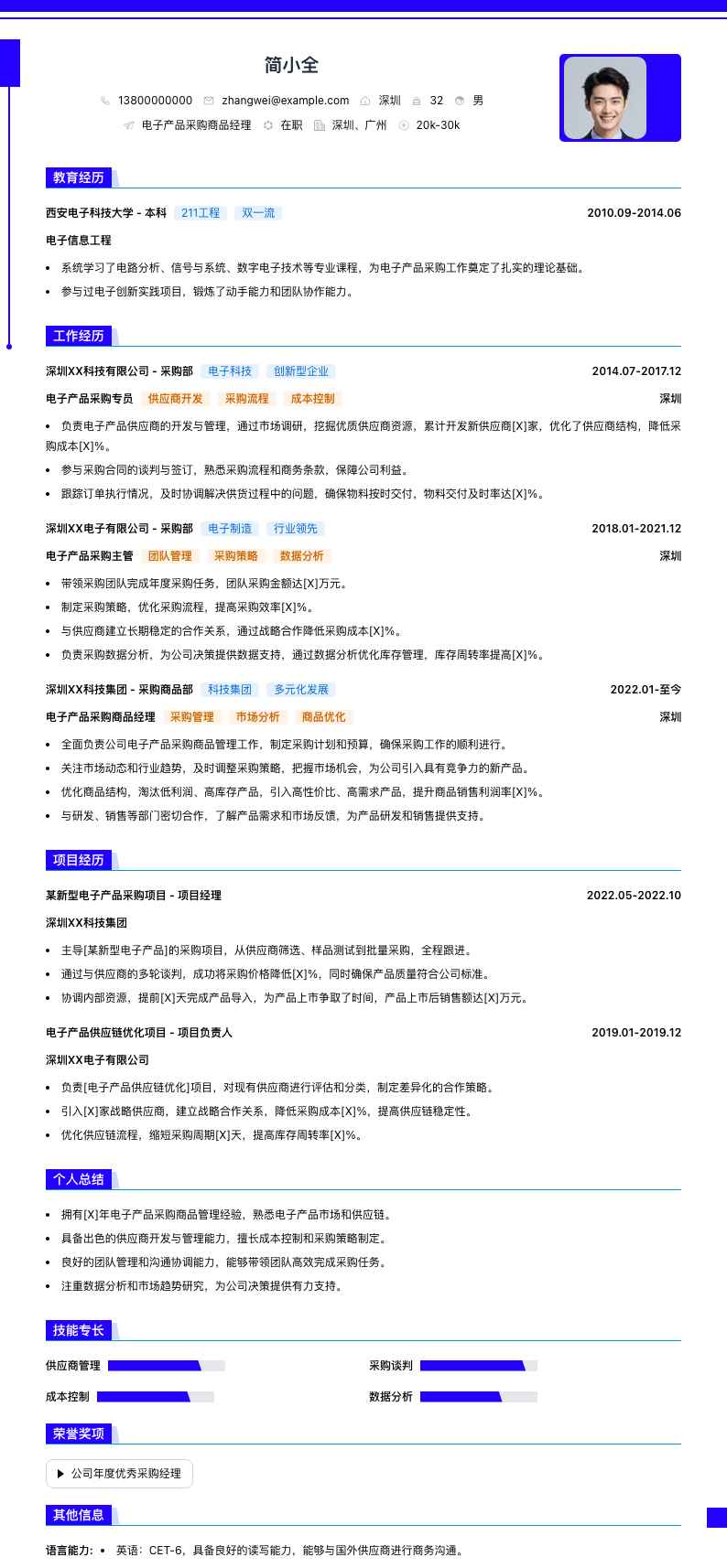 电子产品采购商品经理简历模板