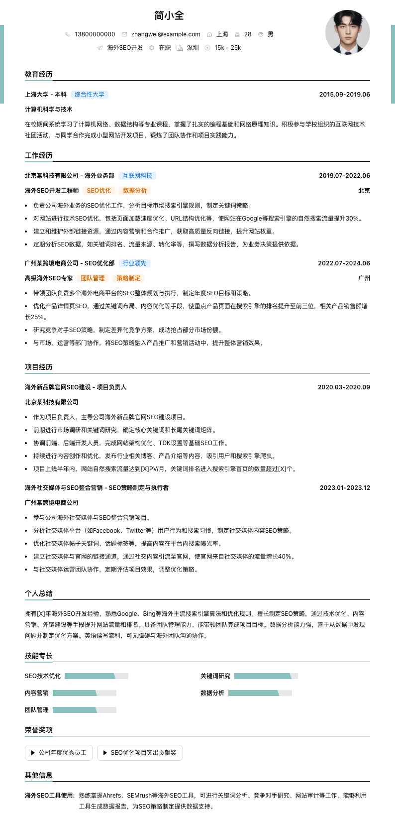 海外seo简历模板