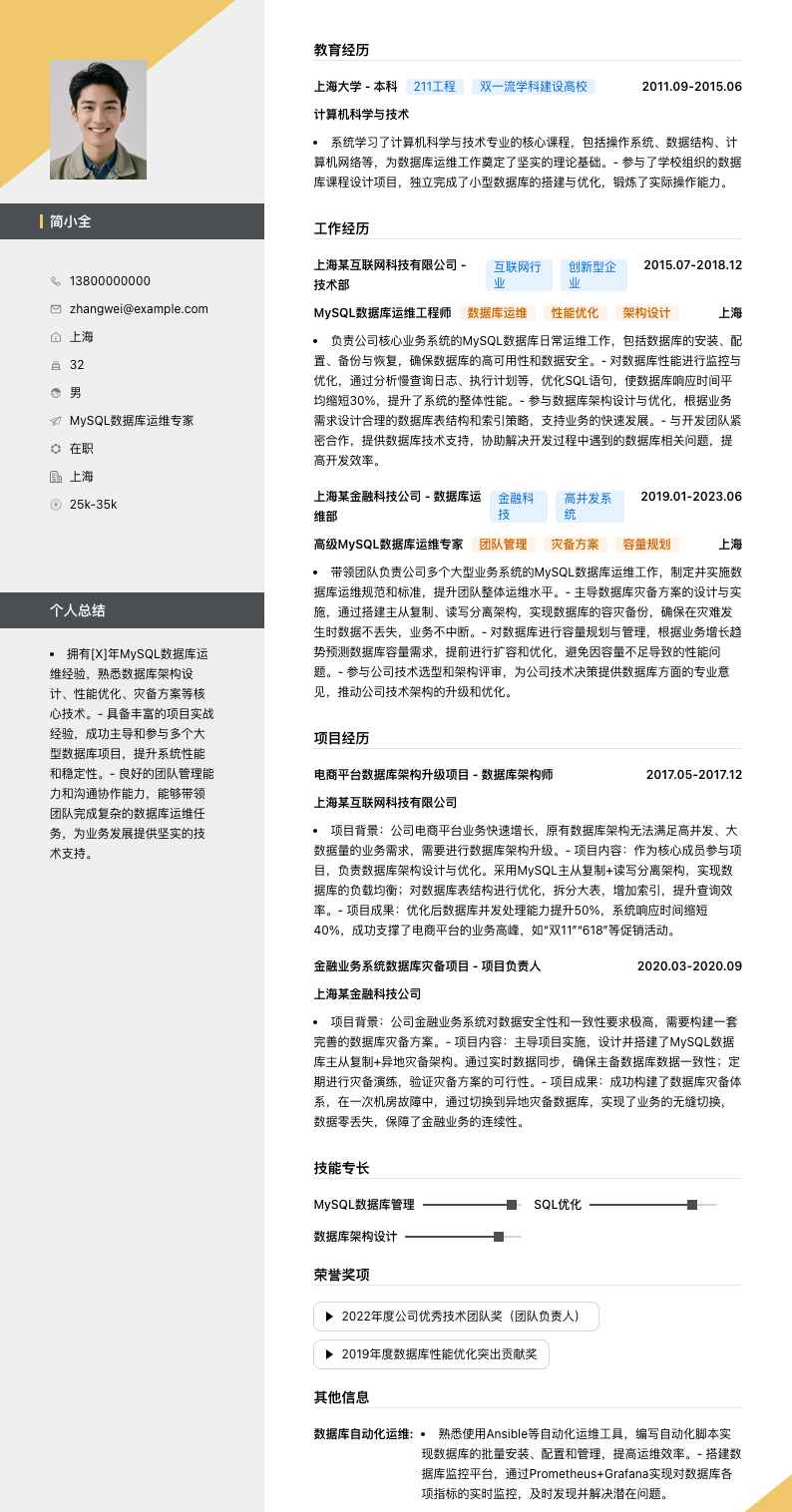 MySQL数据库运维专家简历模板