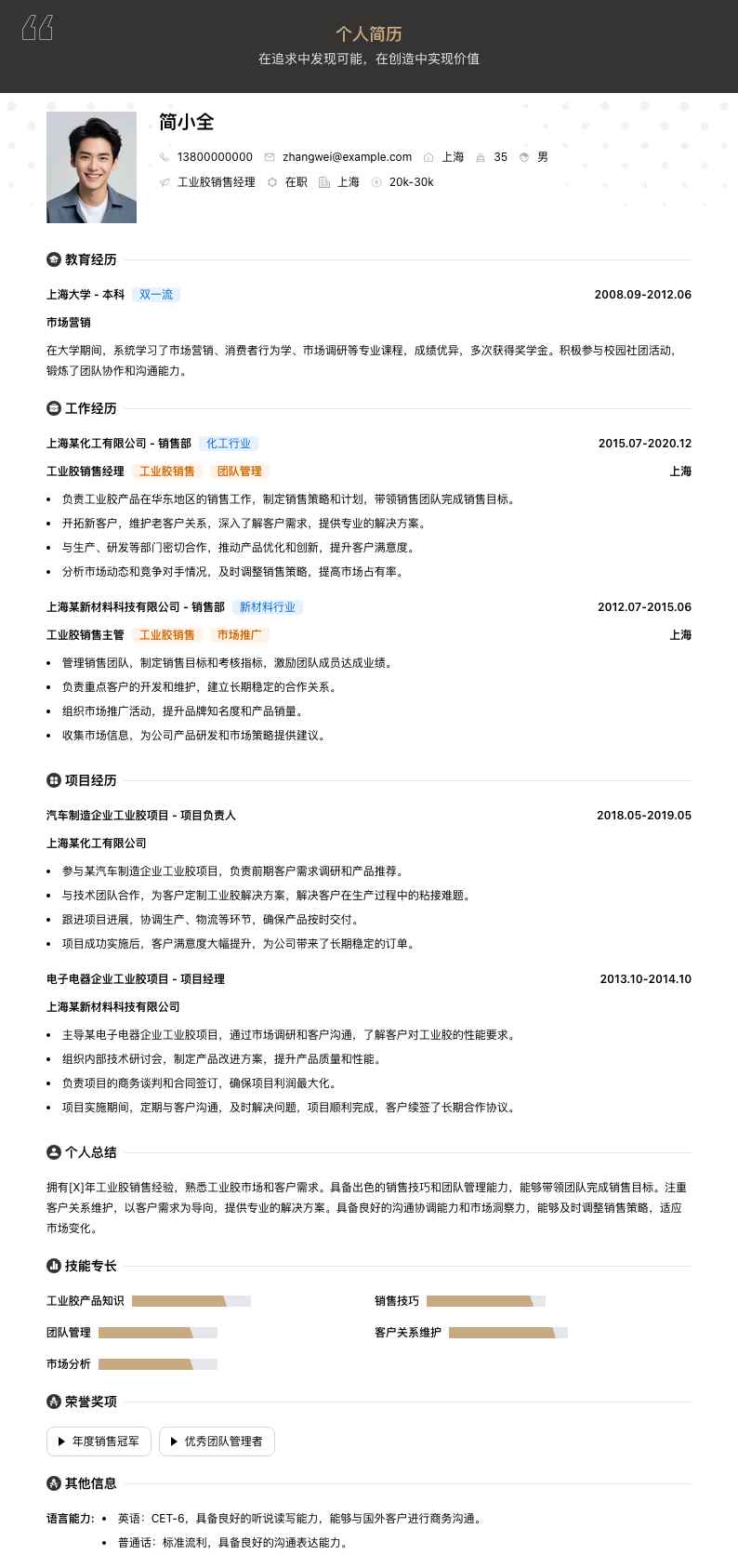 工业胶销售经理简历模板