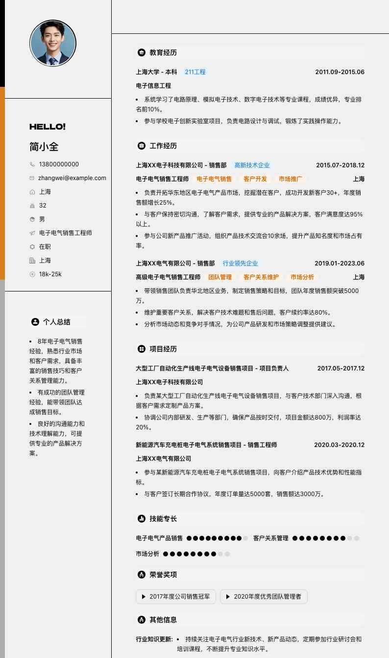 电子电气销售工程师简历模板