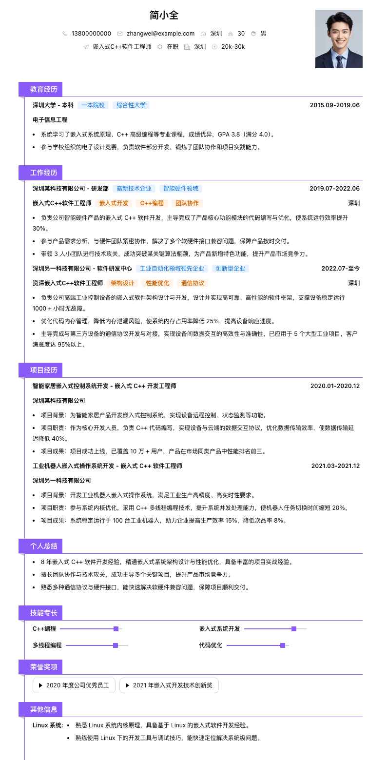 嵌入式C++软件工程师简历模板