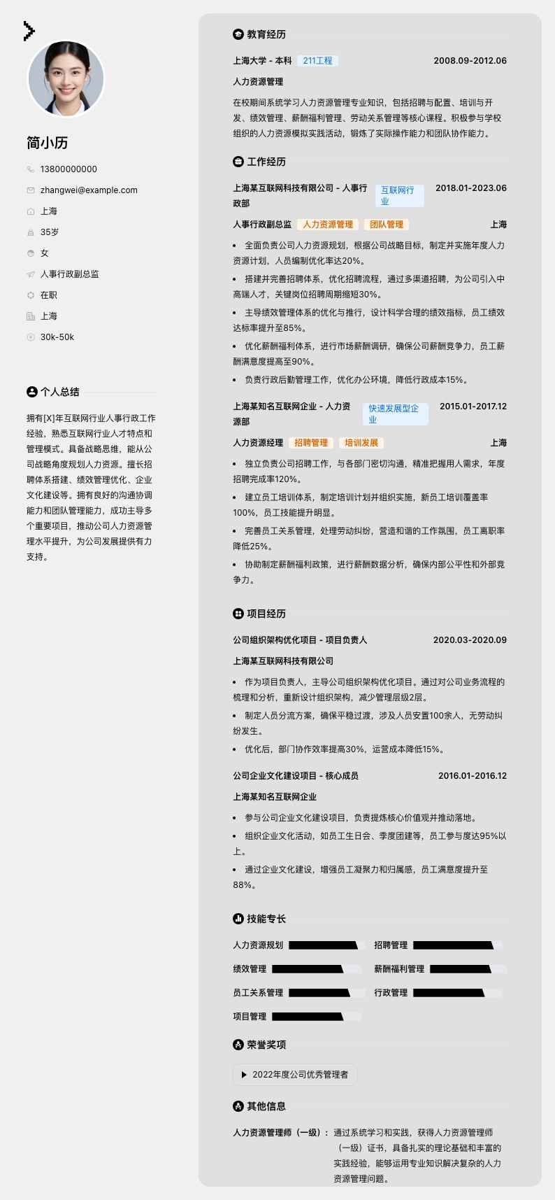 人事行政副总监简历模板