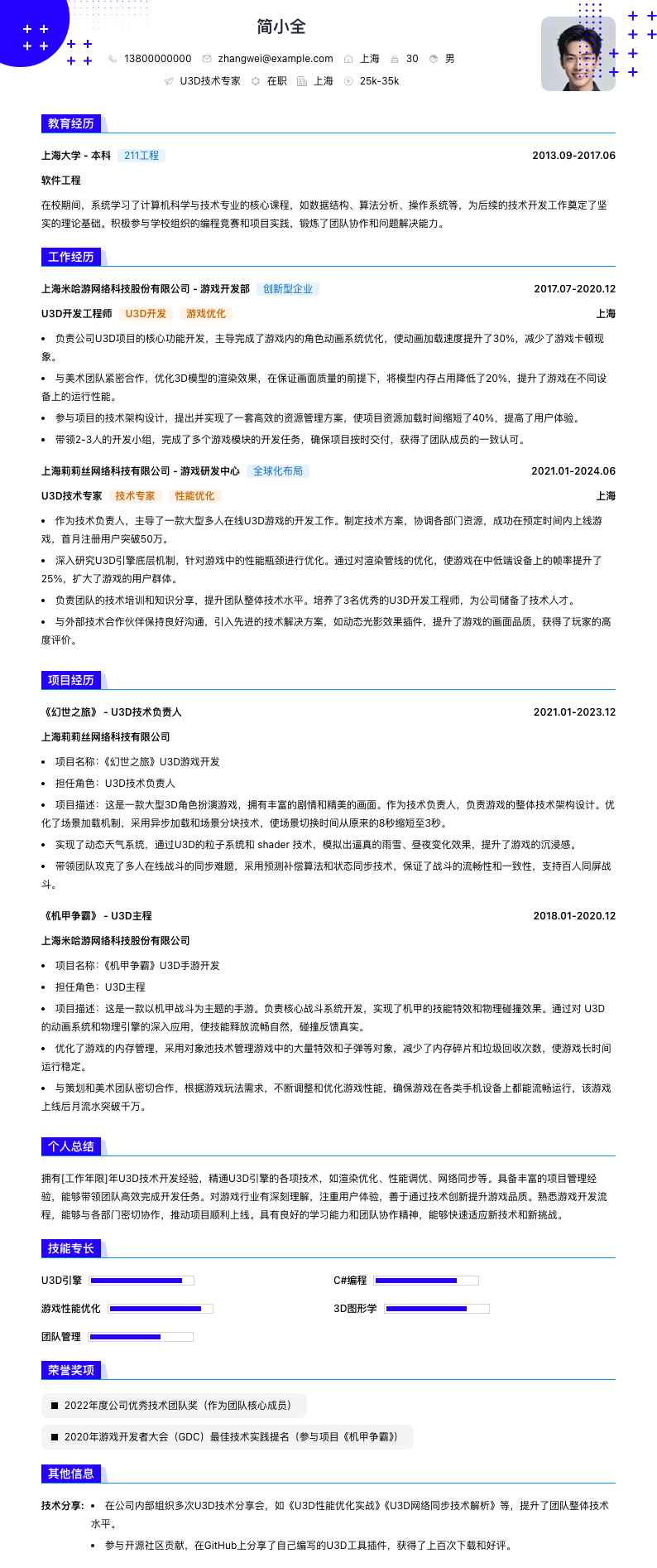 u3d技术专家简历模板