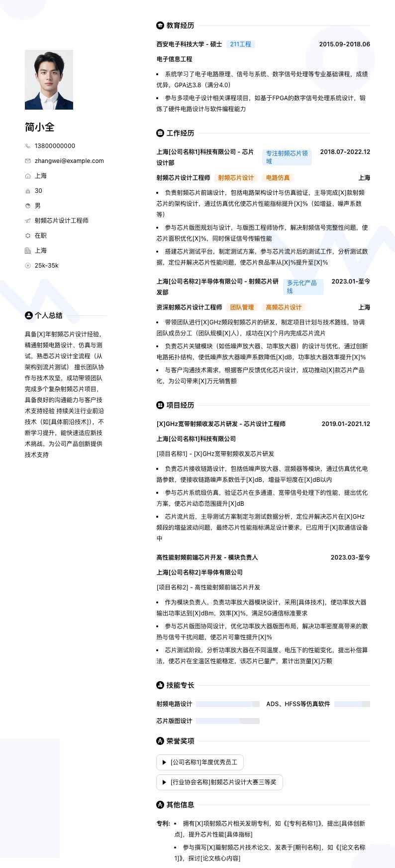 射频芯片设计工程师简历模板