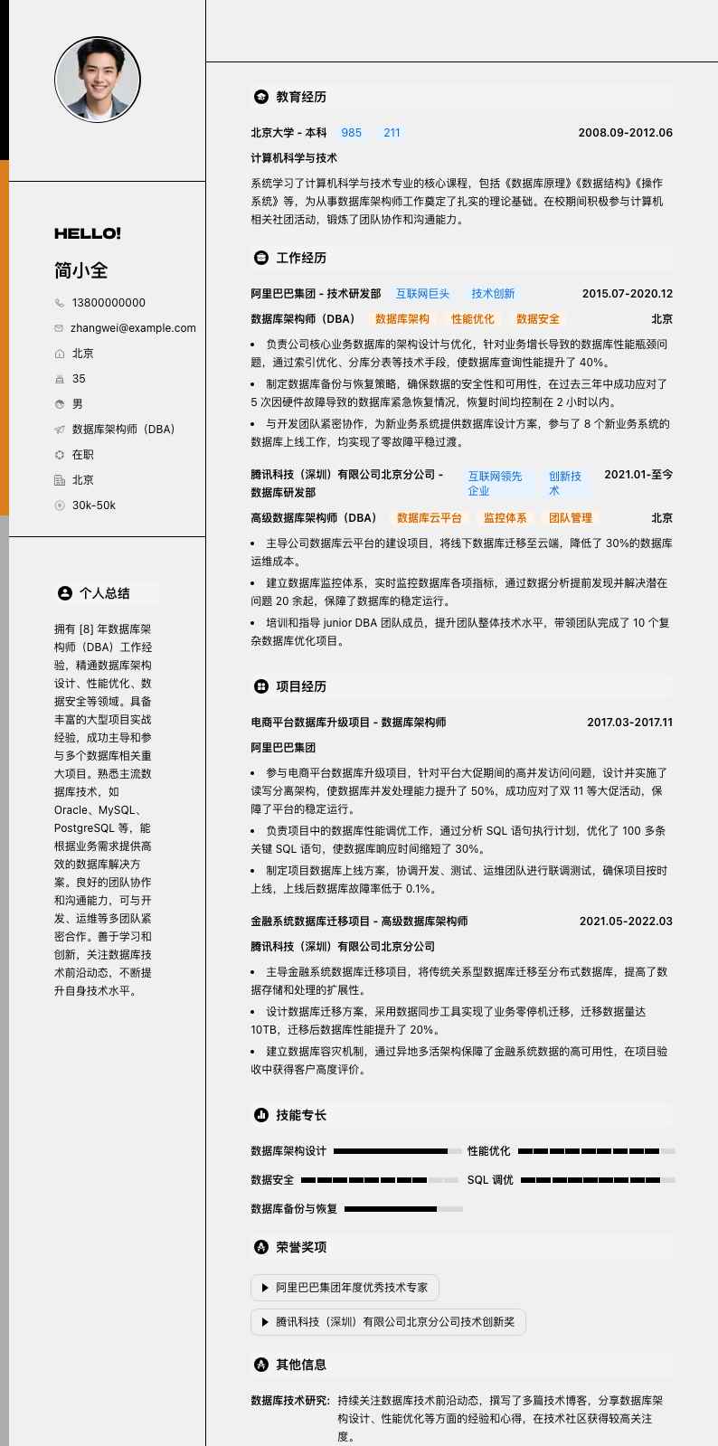 数据库架构师（DBA）简历模板