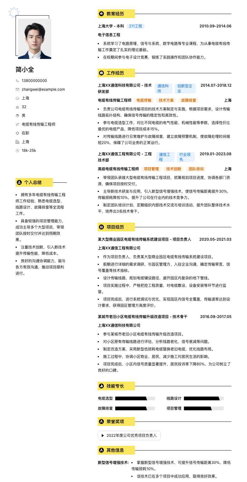 电缆有线传输工程师简历模板