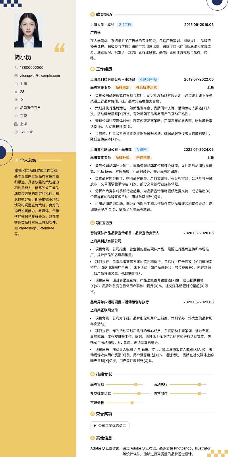 品牌宣传专员简历模板