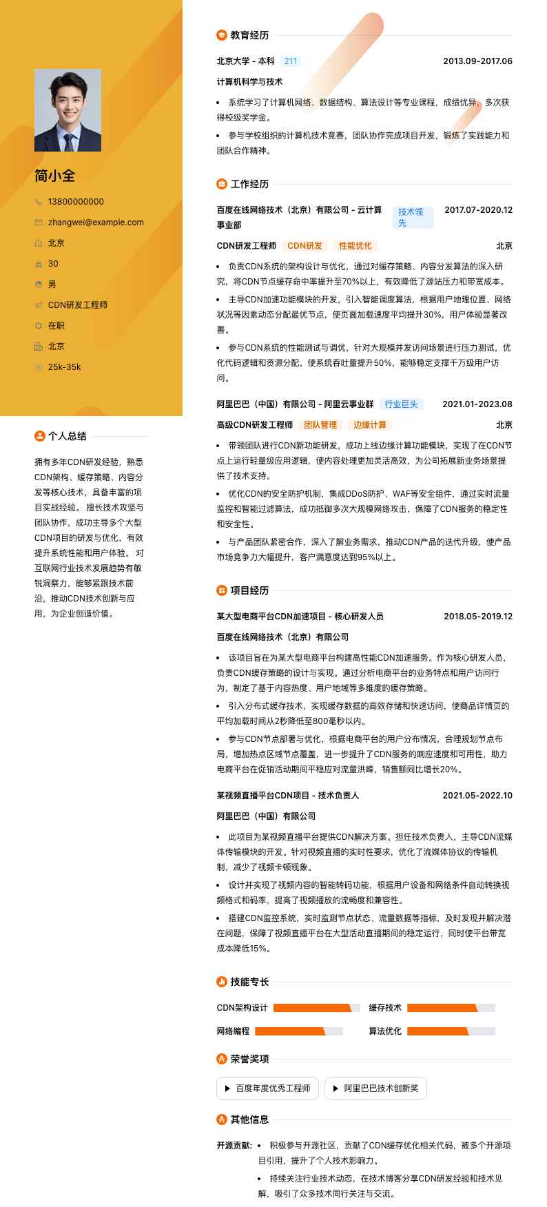 cdn研发工程师简历模板
